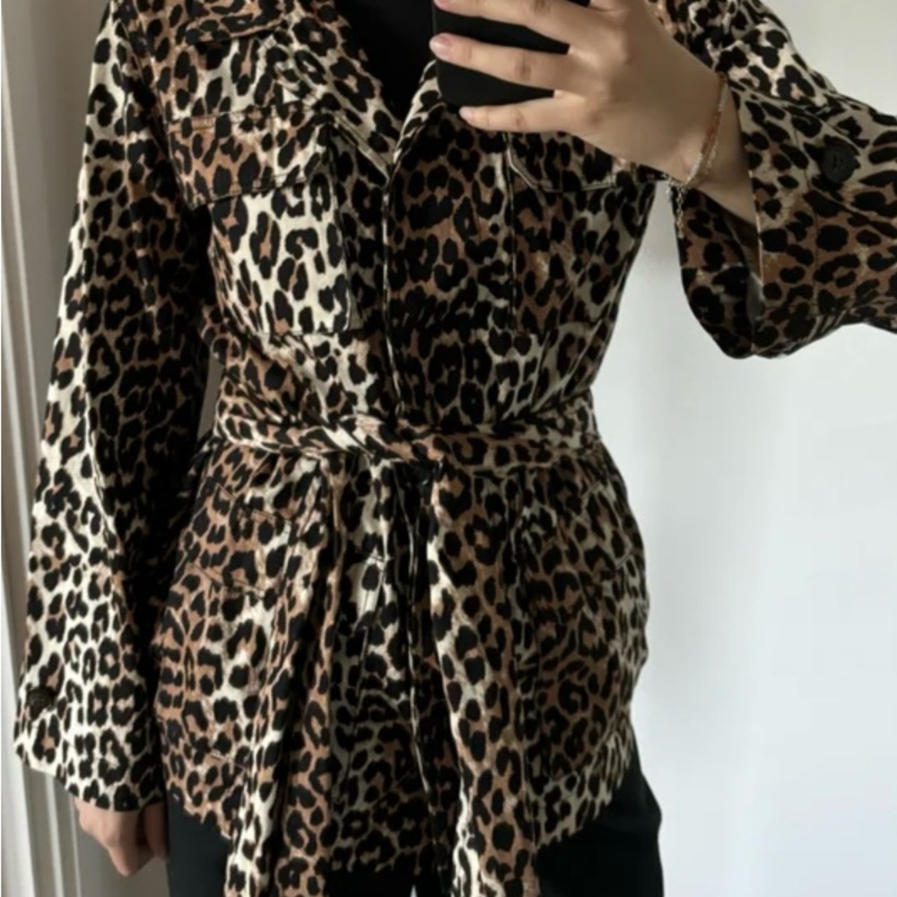 Ganni Brown and Black Trench Coat Leopard Print